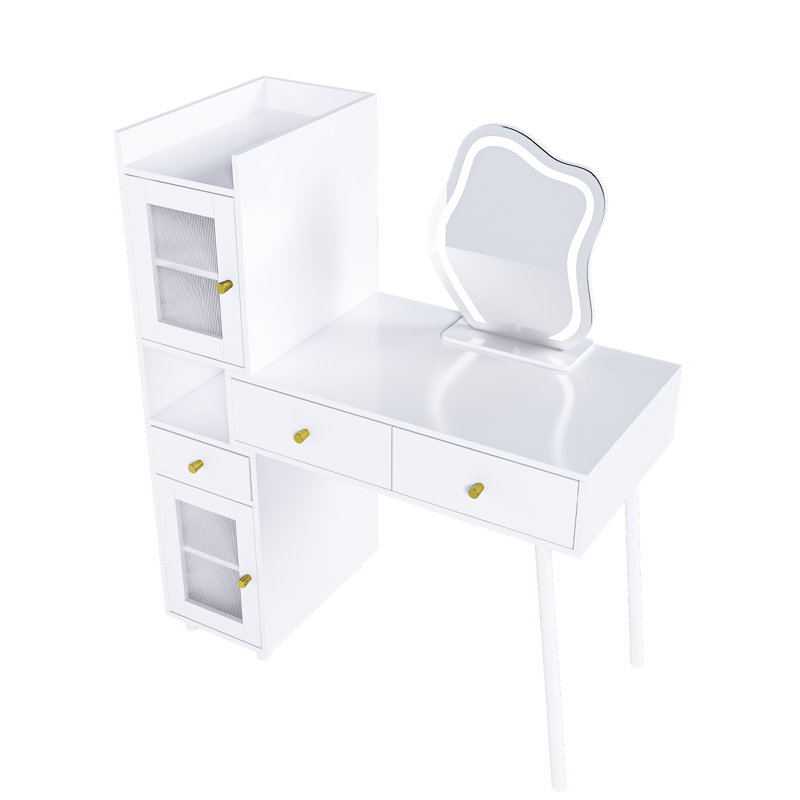 Coiffeuse, miroir à DEL, tiroirs, tablettes, armoires, options d'éclairage, maquillage