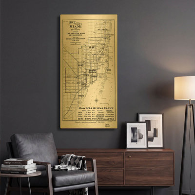 Carte de Miami 1925, par Historical Portfolio, tableau mural en métal doré, 61 x 122 cm