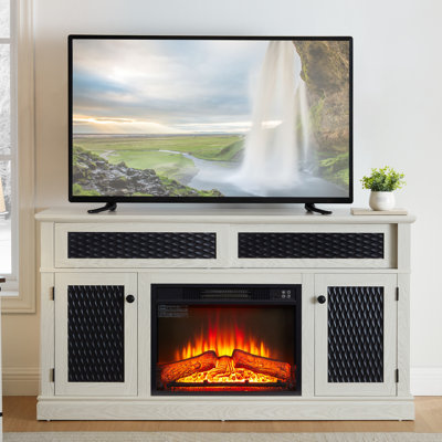 Meuble télé embossé avec foyer de 23 po, console télé et média avec espace de rangement ouvert et fermé et porte coulissante pour le salon et la chambre à coucher