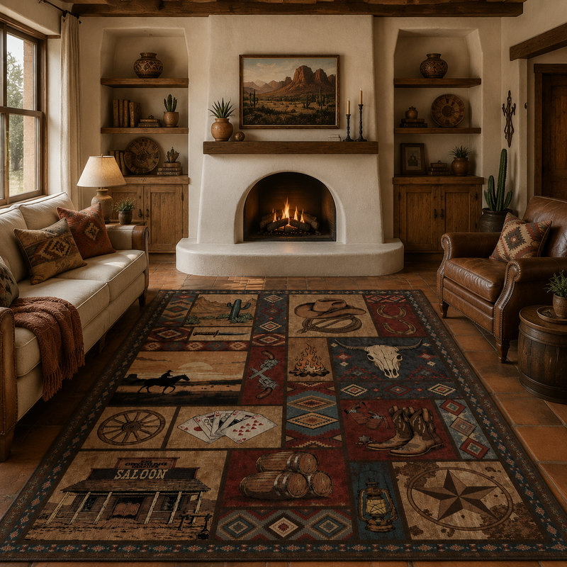 Tapis vintage lavable à la machine avec ranch rustique du Sud-Ouest, Rectanlge 9'x12'