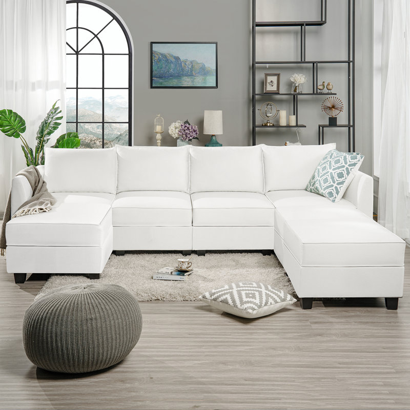 Ziniyah Convertible 4 Seater U-Shaped Modular Linen Sofa Sectional with 3 Ottoman for Living Room, White Down 100% Linen