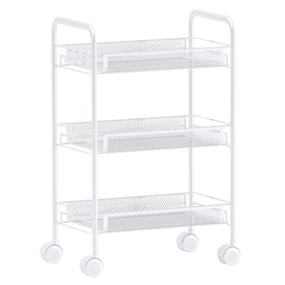 3-Tier Kitchen Storage Rack with Wheels, Metal Organizer Shelf, Mesh Storage Basket for Living Room, Bathroom, Kitchen, Office, White