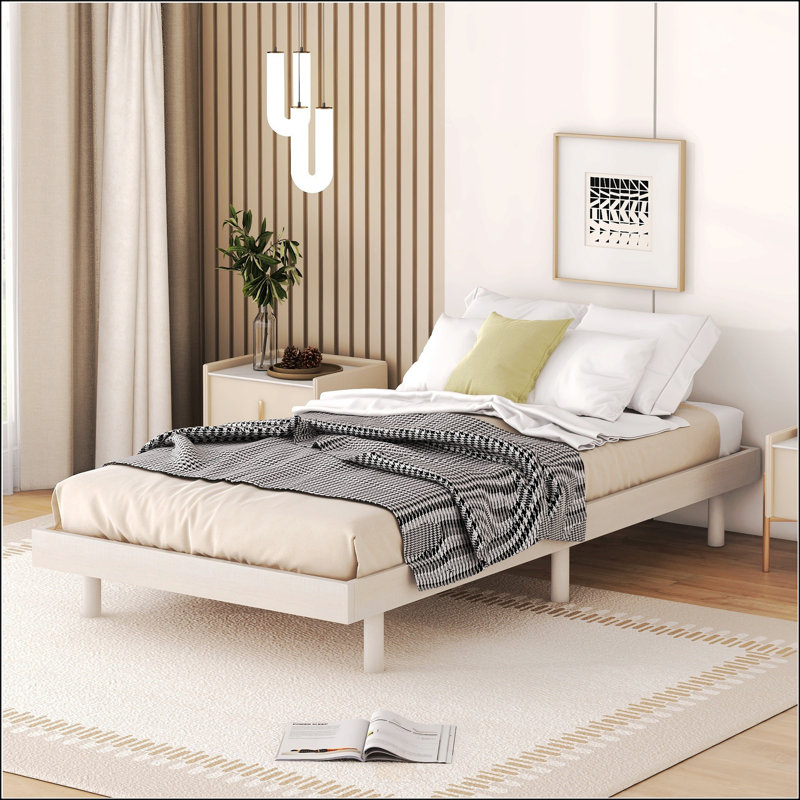 Modern Design Twin Size Floating Platform Bed Frame, Twin, White Washed
