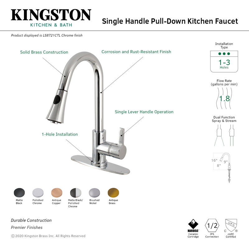 Kingston Brass Continental Single-Handle Pull-Down Kitchen Faucet, Brushed Nickel