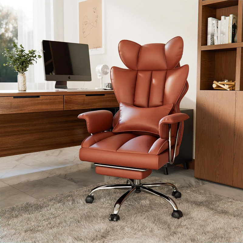 Ergonomic Adjustable Reclining Swiveling Office Chair - Faux Leather with Footrest for PC, Brown