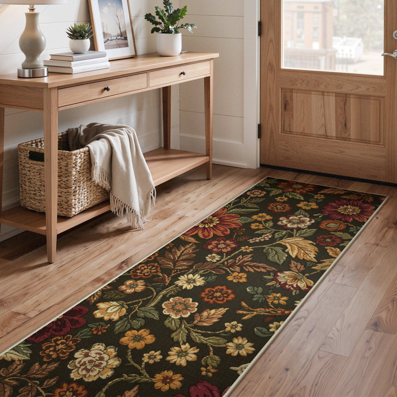 Ammons Blossom Floral Machine Washable Brown / Green / Red Indoor Area Rug With Non-Slip Backing, Runner 2' x 7'