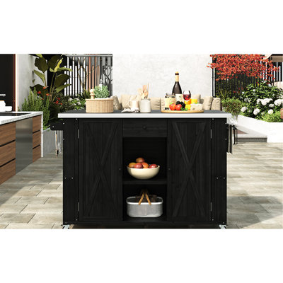 Îlot de cuisine extérieur - Bois de sapin massif noir, porte-serviettes en acier inoxydable, ouvre-bouteille encastré Spice, solution de mobilité avec plateau en bois pliable, rangement polyvalent et stable