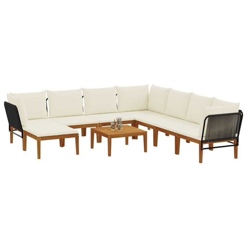 Garden Lounge Set Solid Acacia Wood & Rope Sofa Outdoor Furniture Patio, Cream White, Natural/Black