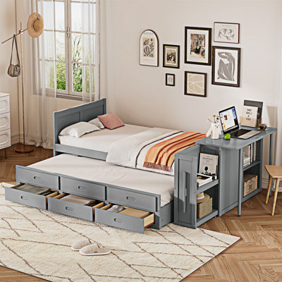 Lit plateforme simple en bois avec bureau et lit gigogne intégré