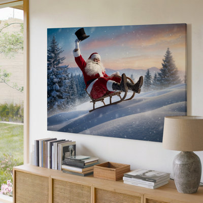 Canvas A Jolly Figure Dressed In A Traditional Red Santa Suit Wall Art With White Fur Trim Joyfully Rides Down A Snowy Hill For Modern Canvas Wall Art