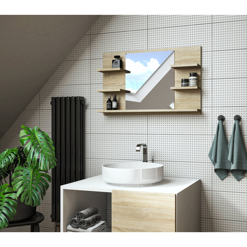 Jakiah Rectangle Wall Mirror with Shelves, Brown