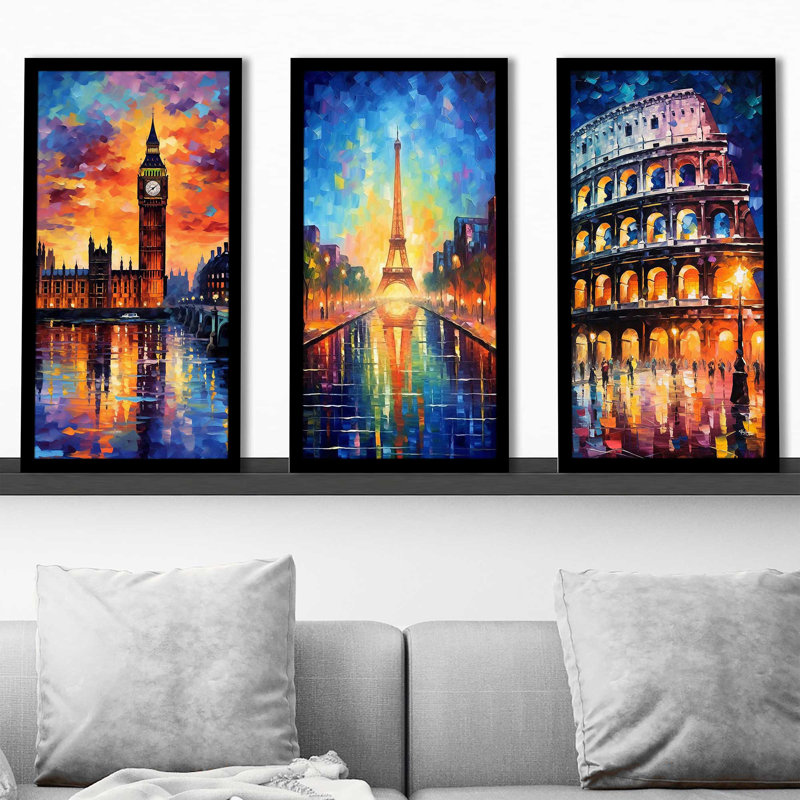 «Big Ben» à Londres, Tour Eiffel à Paris et Colisée à Rome au crépuscule par V2 Design Co. - Ensemble de 3 peintures à cadre unique