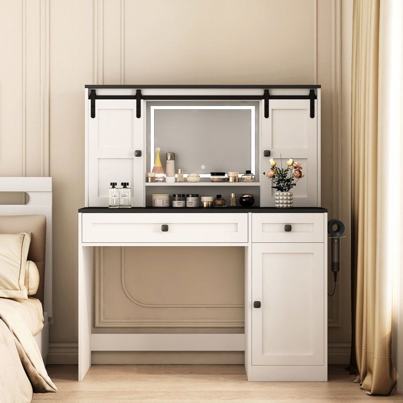 Meuble-lavabo de 43 po de largeur, avec miroir éclairé et tablette réglable, coiffeuse de style blanche, tiroir, meuble-lavabo