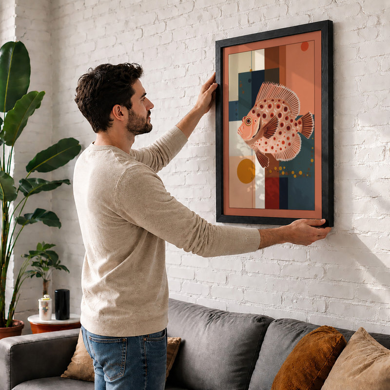Spotted Fish Modern Mid-Century - Framed Print, A4 - 29.7 x 21.0 cm, Black