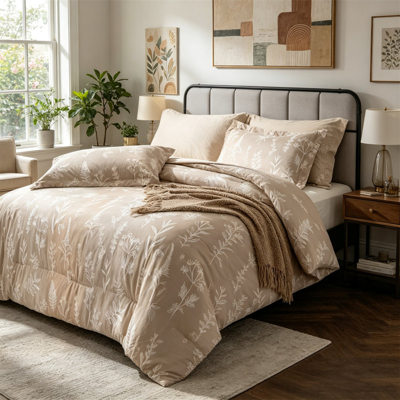 Ensemble de couette réversible beige à motifs botaniques, 7 pièces, pour lit double., Lit double