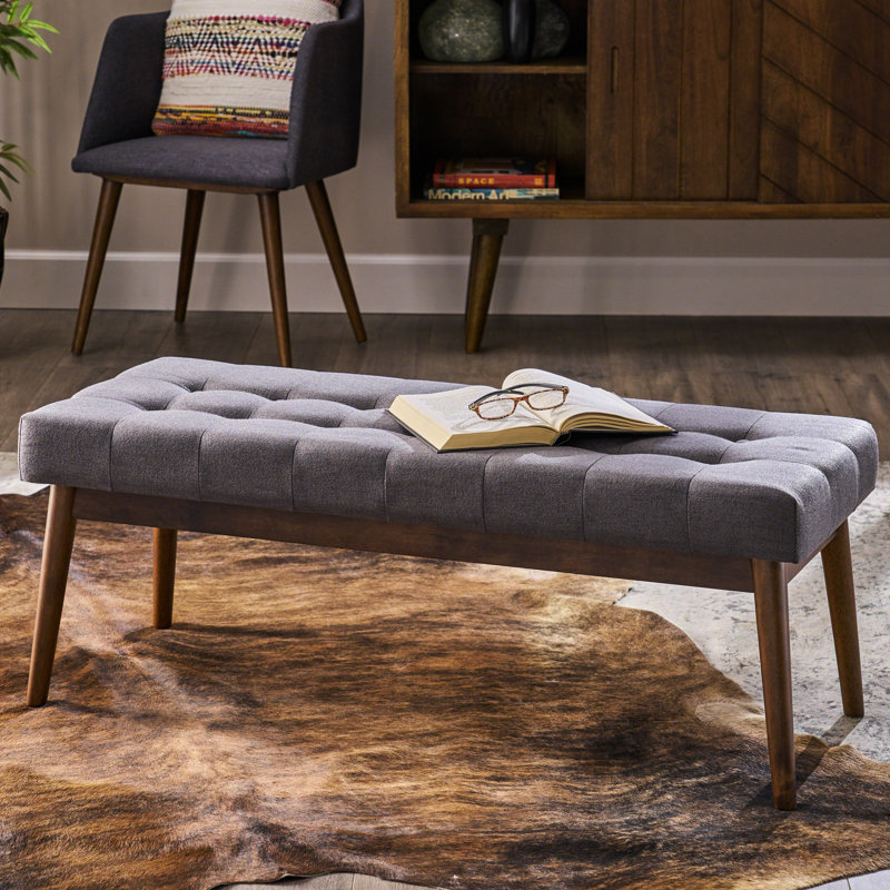 Grey Fabric For Living Room Decoration - , Buttoned, Rubberwood Legs, Walnut Finish Area With Mid Century Style,