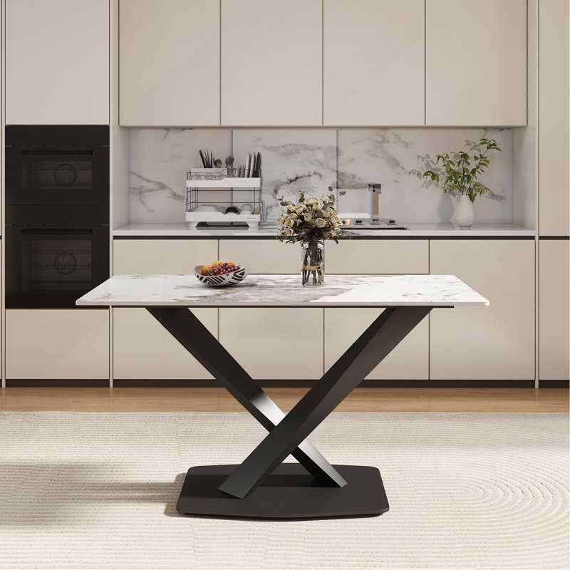 Table de salle à manger 55,12 "en pierre artificielle moderne à bords droits en métal noir Pandora - 6 personnes