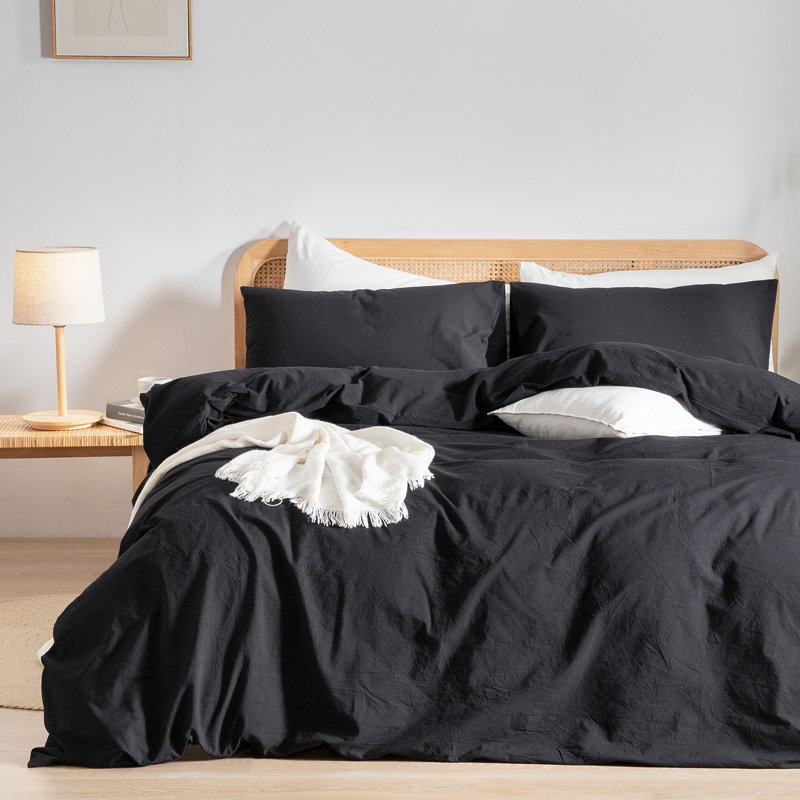 BESTOUCH Duvet Cover Set 100% Washed Cotton Linen Feel Lightweight, Twin Duvet Cover + 1 Standard Pillowcase, Deep Black