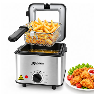 2L Electric Deep Fat Fryer, 1000W Stainless Steel Deep Fryer with Viewing Glass Lid, Adjustable Temperature 80-190°C, Foldable Cool Touch Handle, UK Plug