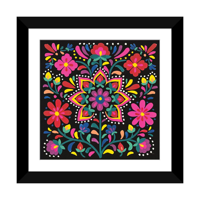 « floral fiesta iii », impression sur toile, H 18 po x l 18 po x P 1,5 po, Papier d'art encadré noir, Blanc