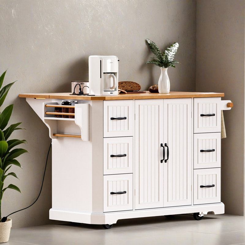 55.52" Kitchen Island with Drop Leaf, Power Outlet, Embossed Vertical Stripe Rolling Kitchen Cart with Drawers for Kitchen, Dining Room