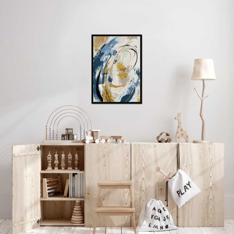 Blue Yellow Abstract - Painting, Black Framed Paper Print, 80cm H x 55cm W x 2.3cm D