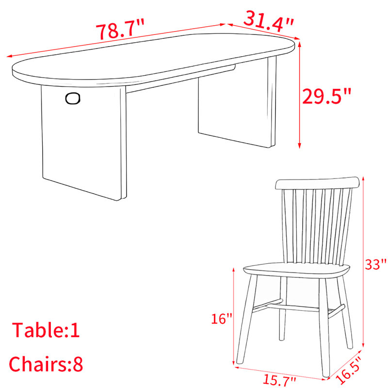 Ensemble de table à manger moderne et simple en bois massif., H 29,5 po x L 78,7 po x l 31,4 po
