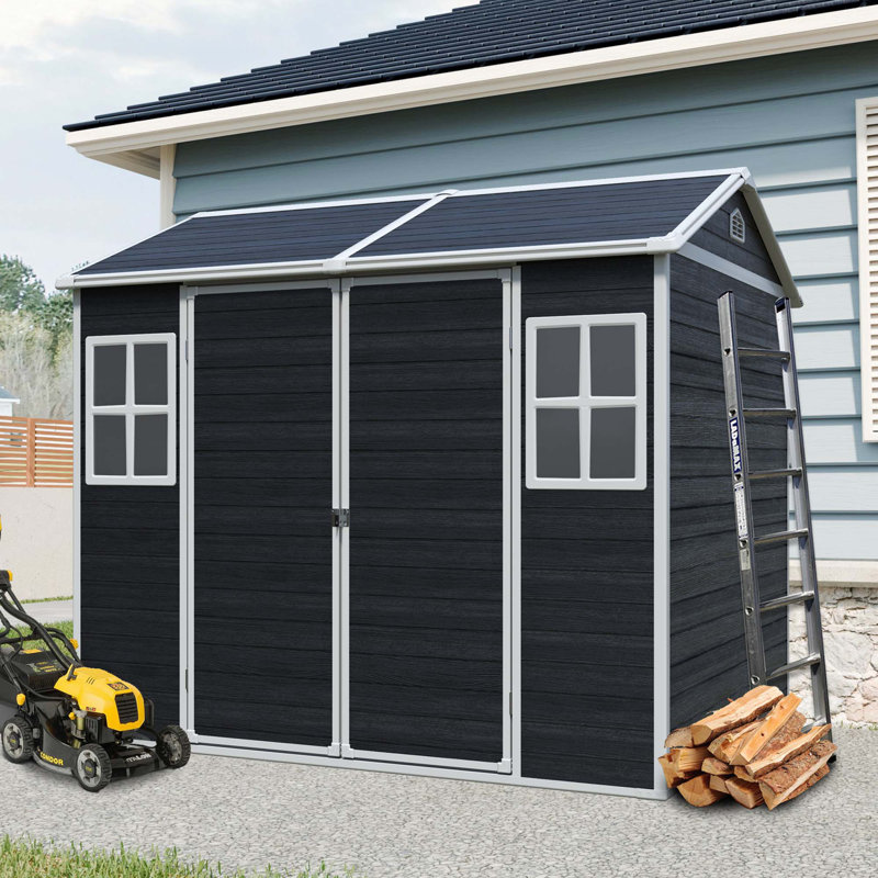 Remise de rangement extérieure en résine 8 x 6 pi imperméable avec plancher et deux fenêtres et porte verrouillable, remise à outils pour le jardin, le patio, la cour arrière