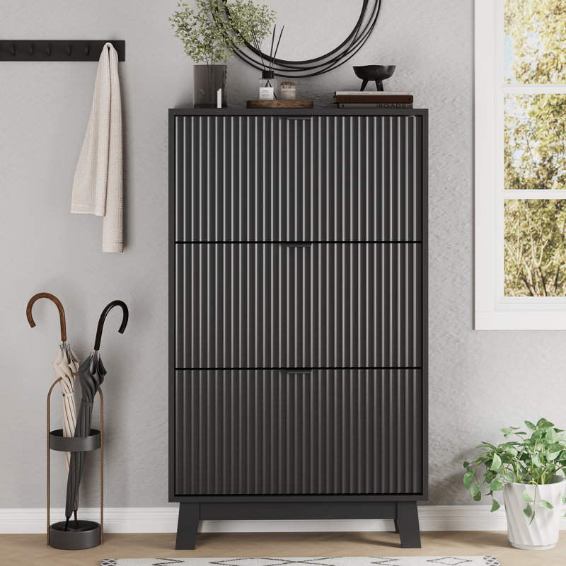 Shoe Cabinet Storage for Entryway with 3 Flip Drawers, 54" Tall Narrow Fluted Shoe Organizer with Adjustable Shelves, Freestanding Slim Hidden Shoe Rack, Hallway Entrance