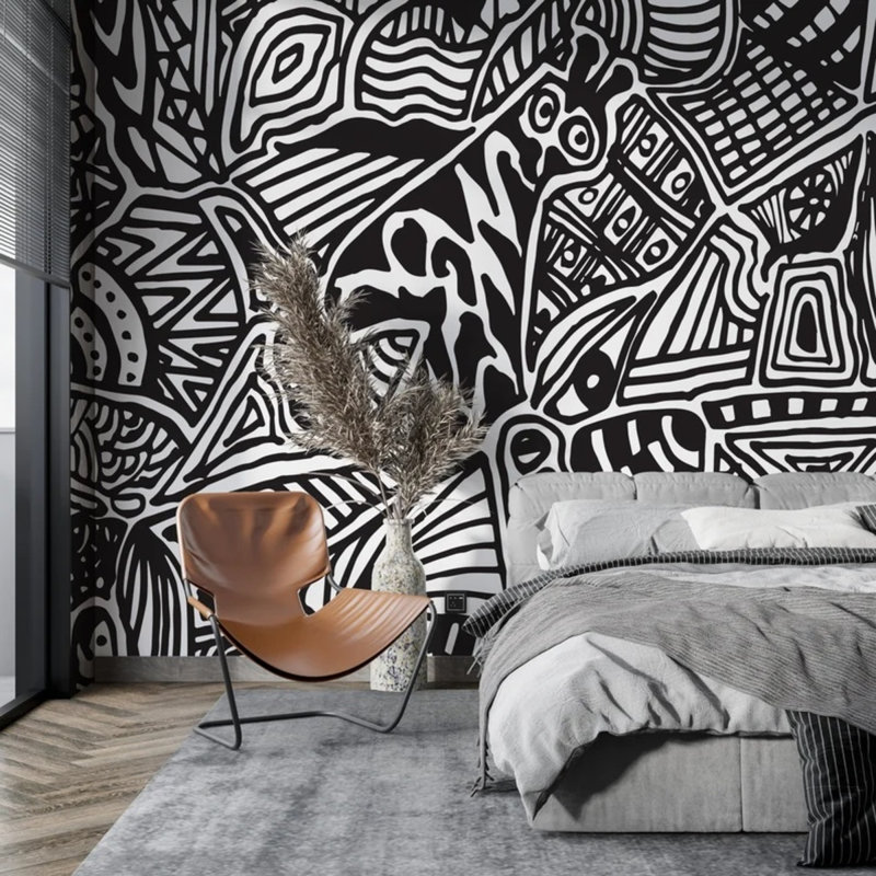 Papier peint audacieux noir et blanc à motif de griffonnage - Motif d'inspiration tribale dessiné à la main, 108" L x 160" W