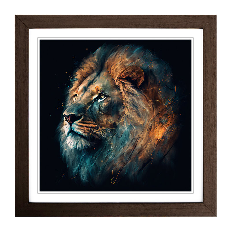 Lion Graphic Art - Single Picture Frame Print on Wood, Walnut