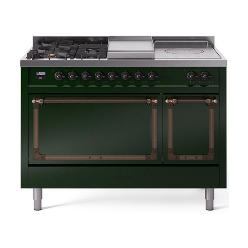 Cuisinière à double combustible ILVE Nostalgie II Series 48 po avec 5 brûleurs scellés, plaque de cuisson et table française (gaz naturel, porte pleine)