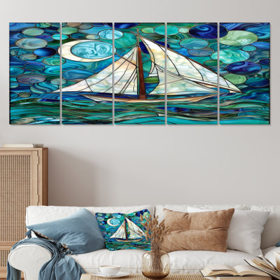 Sailboat Ocean Sky Circles Of Green And Blue - Boat Wall Art Set 5 Piece -  Design Art, PT93227-401-XL