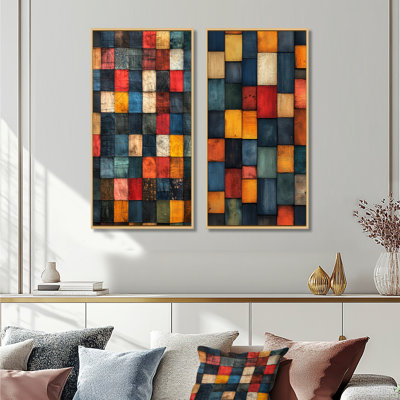 Ensemble de 2 pièces d'art mural Red Country Patchwork I - Boho Tiles