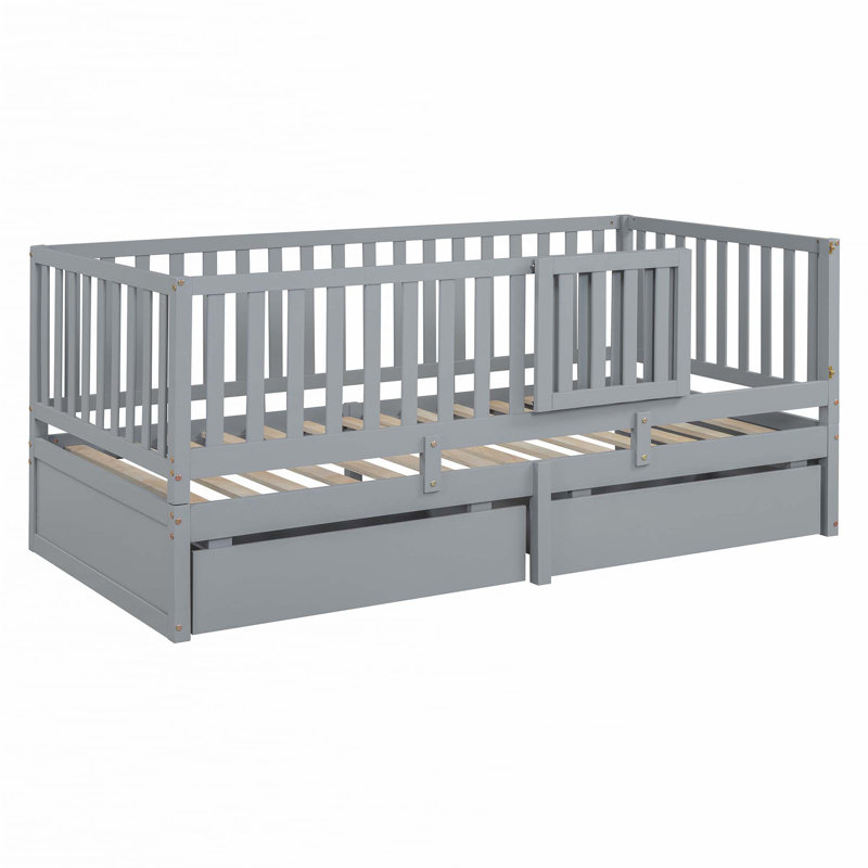 Daybed with Fence Guardrails and 2 Drawers, Gray, Twin