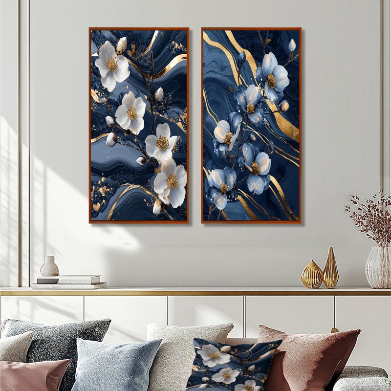 Cornouiller doré doré, fantaisie I - Collection d'art mural floral 2 pièces, H 28 po x l 25 po, Cadre flottant brun
