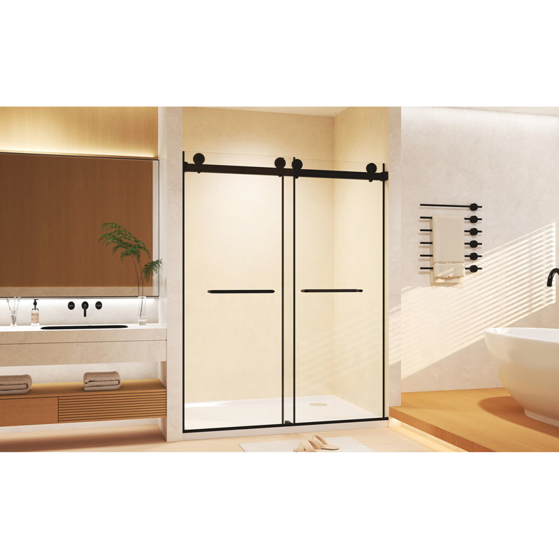Double Sliding 56 - 60 "w X 74" H Shower Door, 8mm Tempered Glass, Matte Black, Stainless Steel Fittings, External Proof Film, Space Saving Dual Sliding, Silent And Smooth Movement, Raised Water