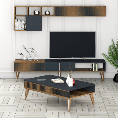Modern Living Room Furniture Set, Walnut & Anthracite | TV Stand (70.9 x 15.7 x 15.7 in), Wall Shelf (70.9 x 19.1 x 7.9 in), Coffee Table (41.3 x 13.6 x 23.6 in) | 100% Melamine Coated Particle Board, Stylish & Functional Design