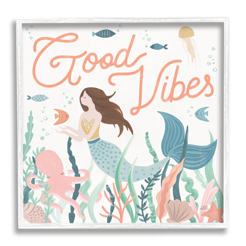 «Good Vibes» sirène sous l'eau, Giclée encadrée blanc bord de mer, H 12 po x l 12 po x P 1,5 po