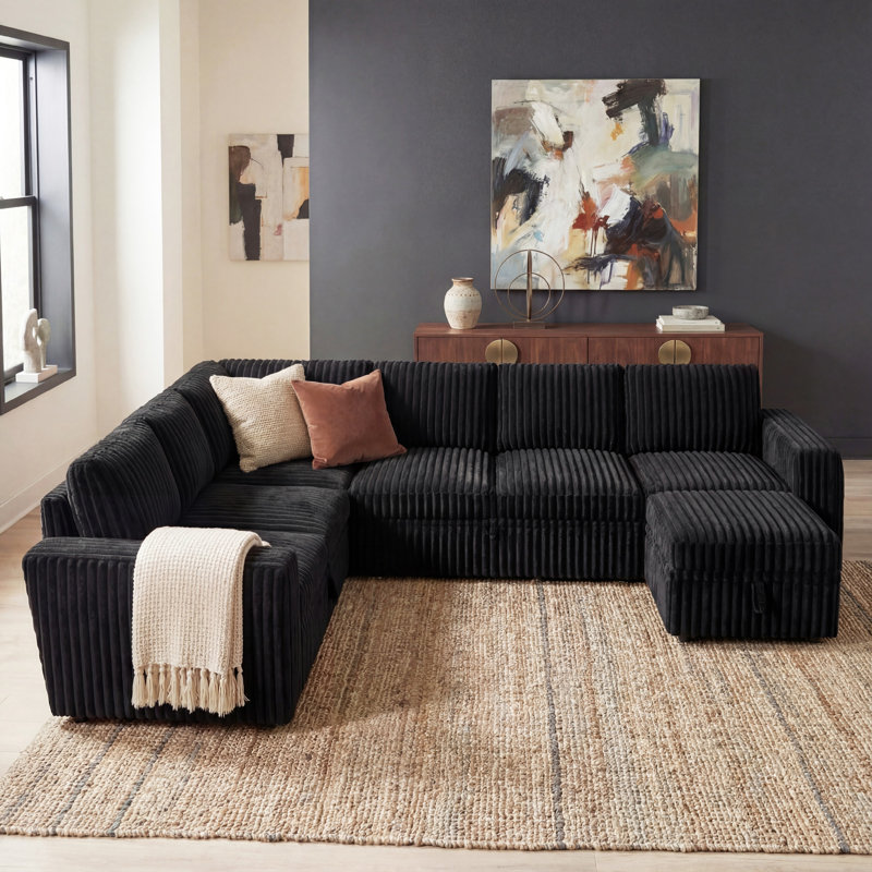 Hoelscher U Shaped Sleeper Corner Sectional Pull Out Sofa Bed With Storage Space, Velours côtelé noir