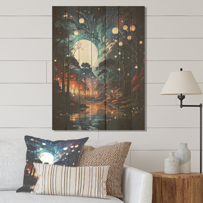 Moonlight River Into The Forest II - Forest And River On Wood Print