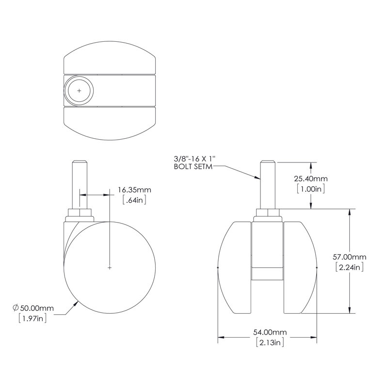 2 po Roulettes noires pivotantes en nylon sans capuchon