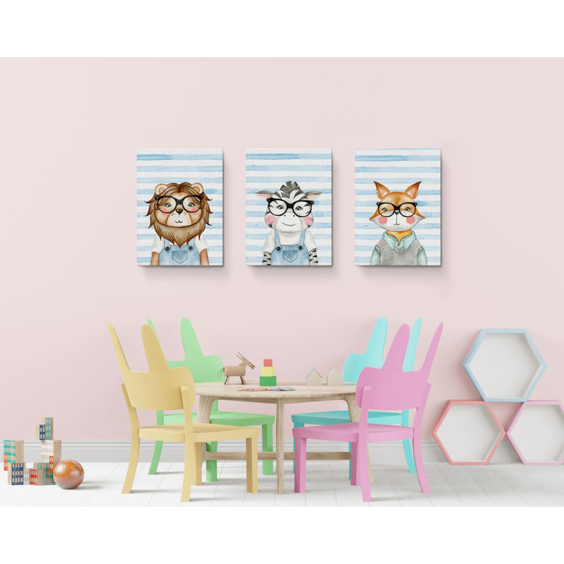 «Smart Lion Zebra Fox Animals», ensemble de 3 impressions sur toile tendue, H 24 po x l 48 po x P 1,5 po