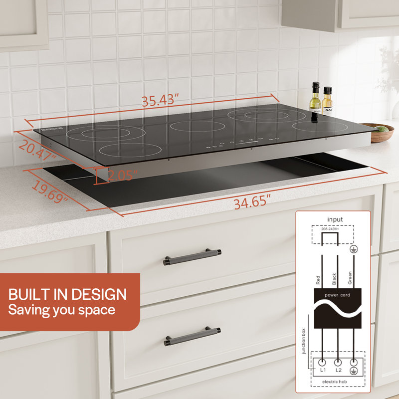 36 po 5 éléments chauffants certifiés ETL, surface de cuisson électrique rayonnante, 240 V 7700 W, poêle encastré noir