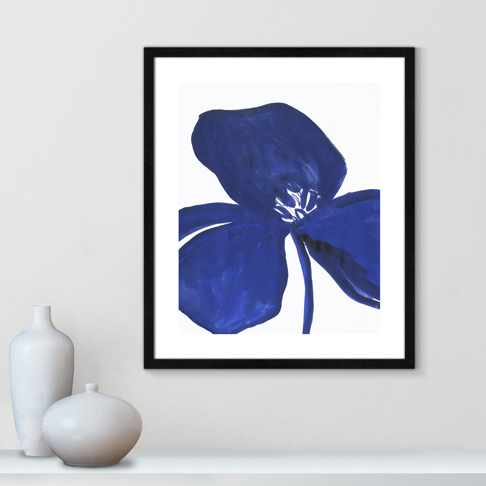 Clarisse "Indigo Petal II" Painting, 25.5" H x 21.5" W x 0.75" D, Black Framed Paper