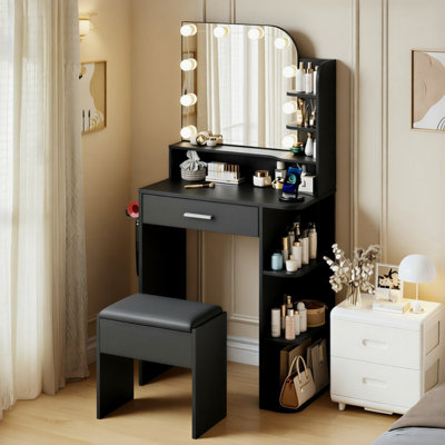 Jaseria Makeup Vanity Set with LED Lighted Mirror & Power Outlet, Vanity Table with 6 Storage Shelves for Bedroom