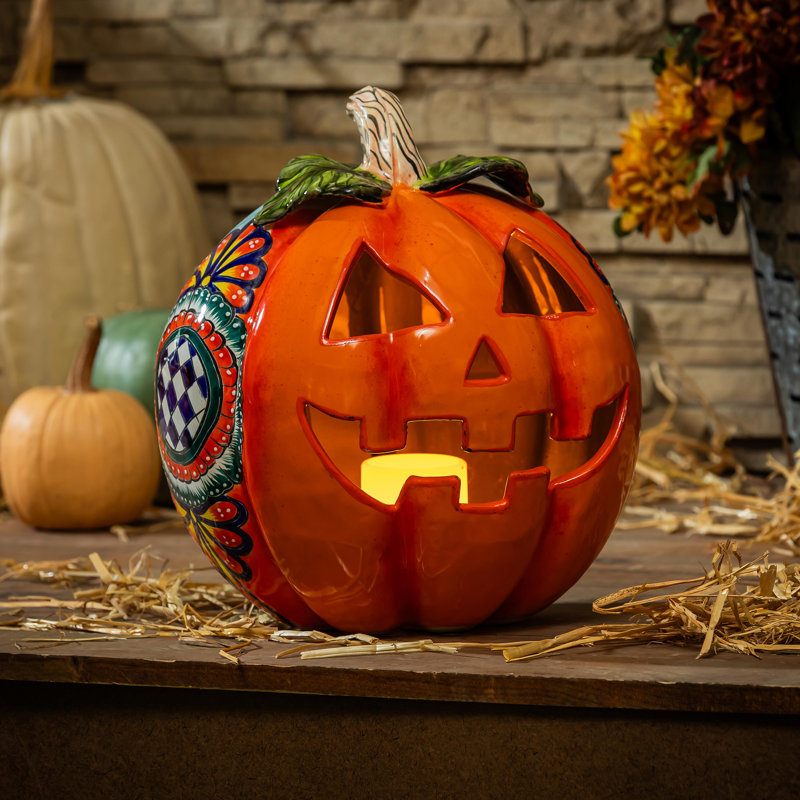 Checkered Flower Ceramic Pumpkin, Large