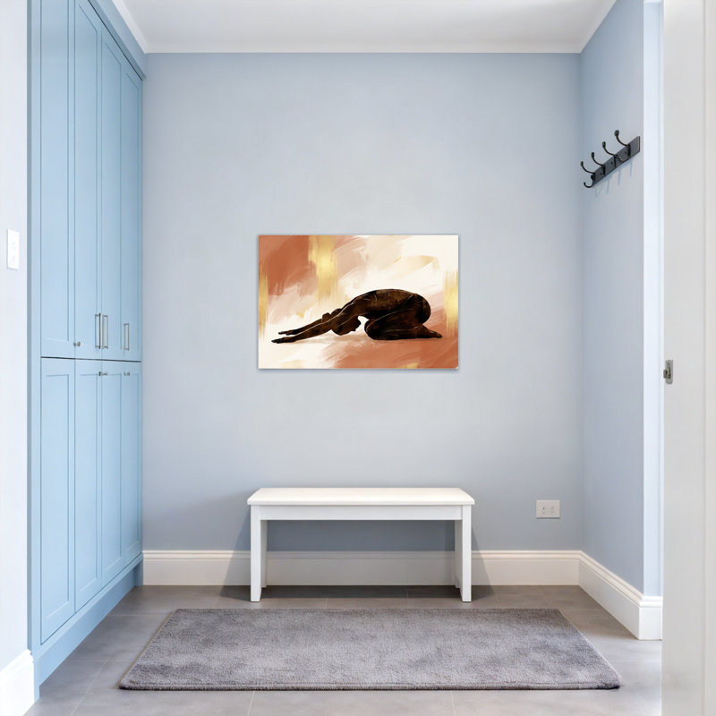 Plantes et fleurs, figure abstraite dans une pose de yoga sur fond chaud, H 28 po x l 40 po