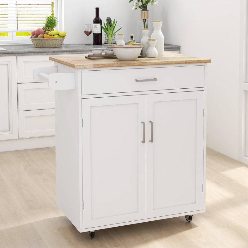 Îlot de cuisine avec tablettes réglables, tiroir, porte-serviettes et construction stable verrouillable blanc, portes doubles, plateau en bois d'hévéa massif