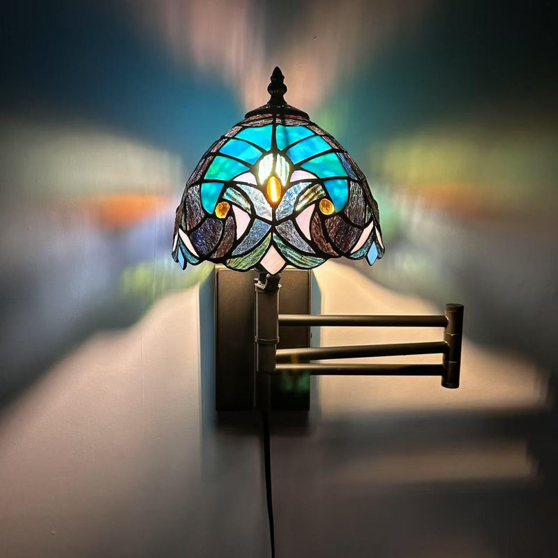 Tiffany Sconce Lamp Plug in Swing Arm Stained Glass LED Bulb Included 13”W*8”D*15”H, Teal/Brown